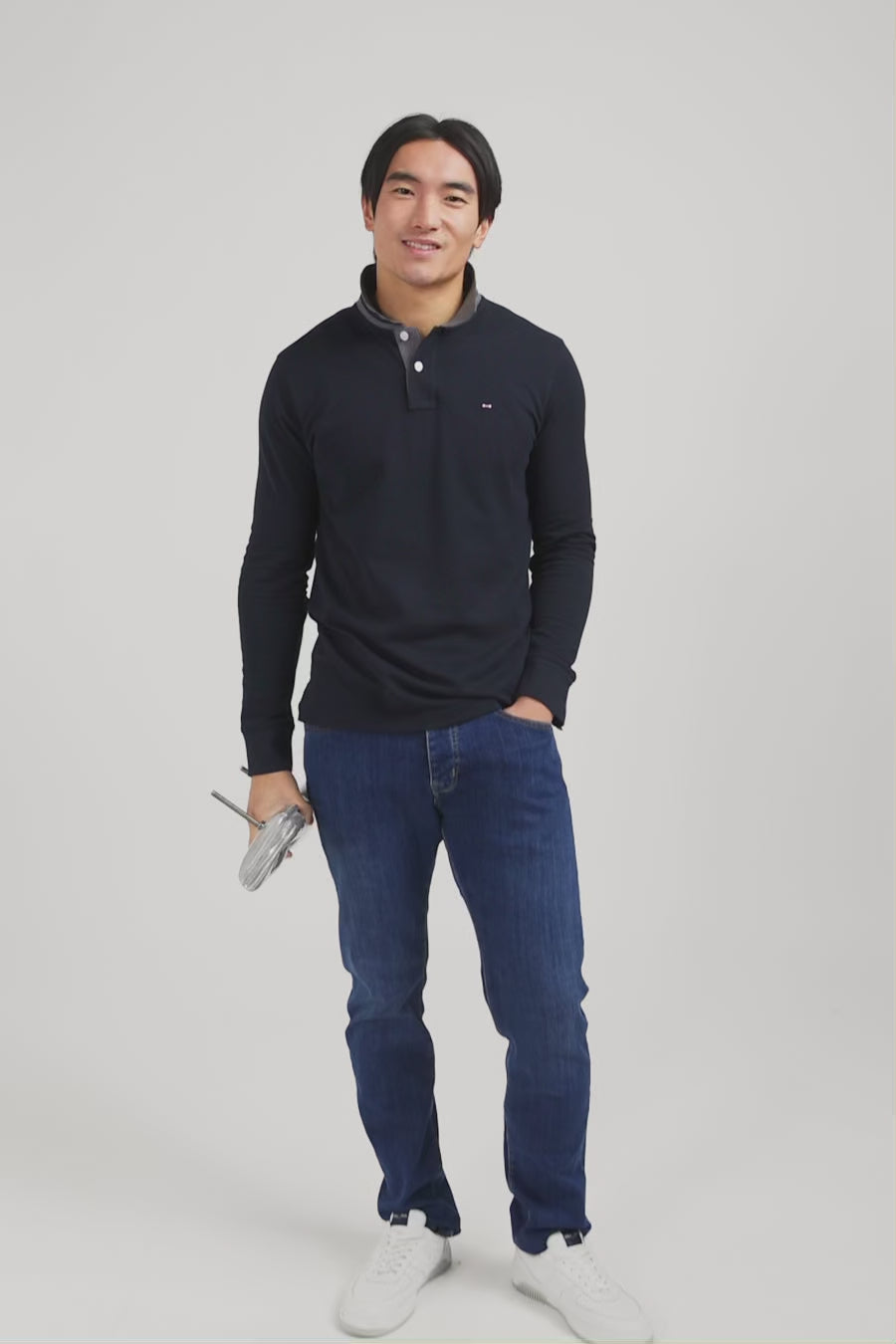 Black cotton polo with contrasting neck