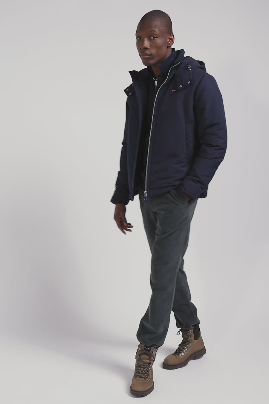 Navy blue hooded zip-up jacket