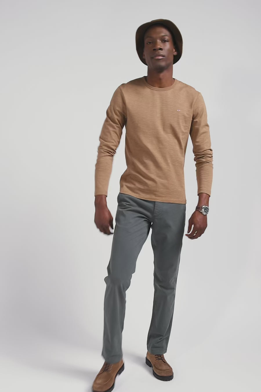 Slim camel long-sleeved cotton T-shirt