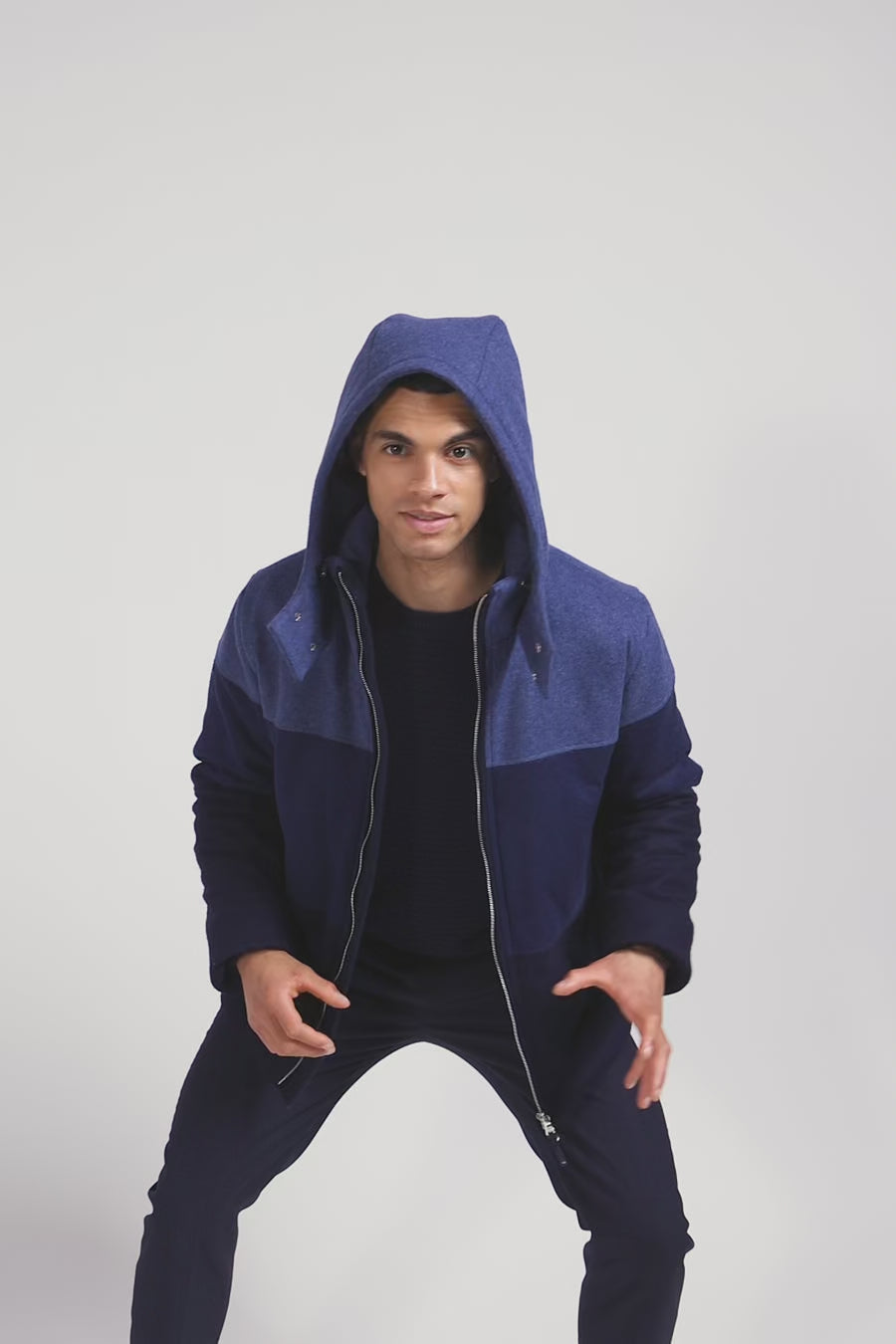 Navy blue hooded wool jersey jacket