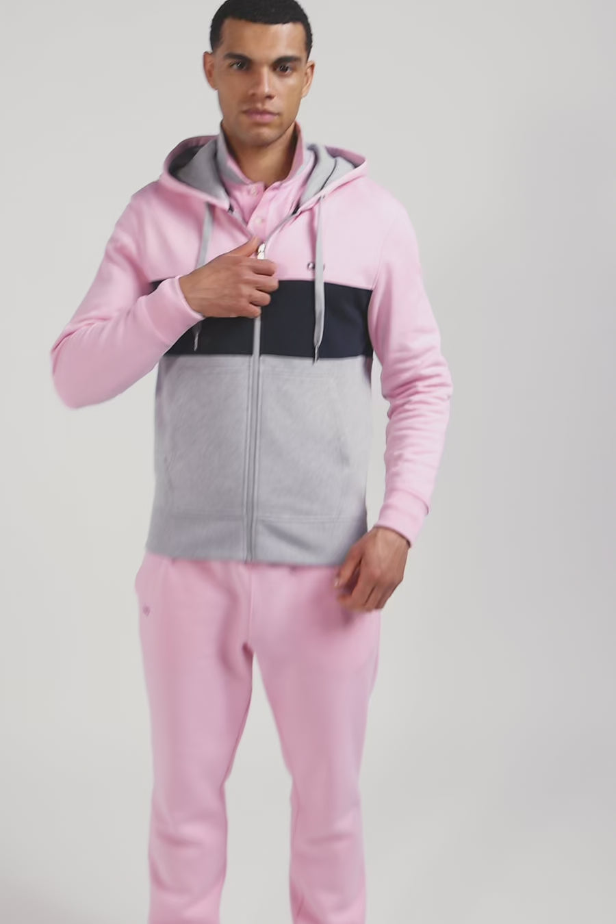 Regular pink colorblock zipped cotton hoodie