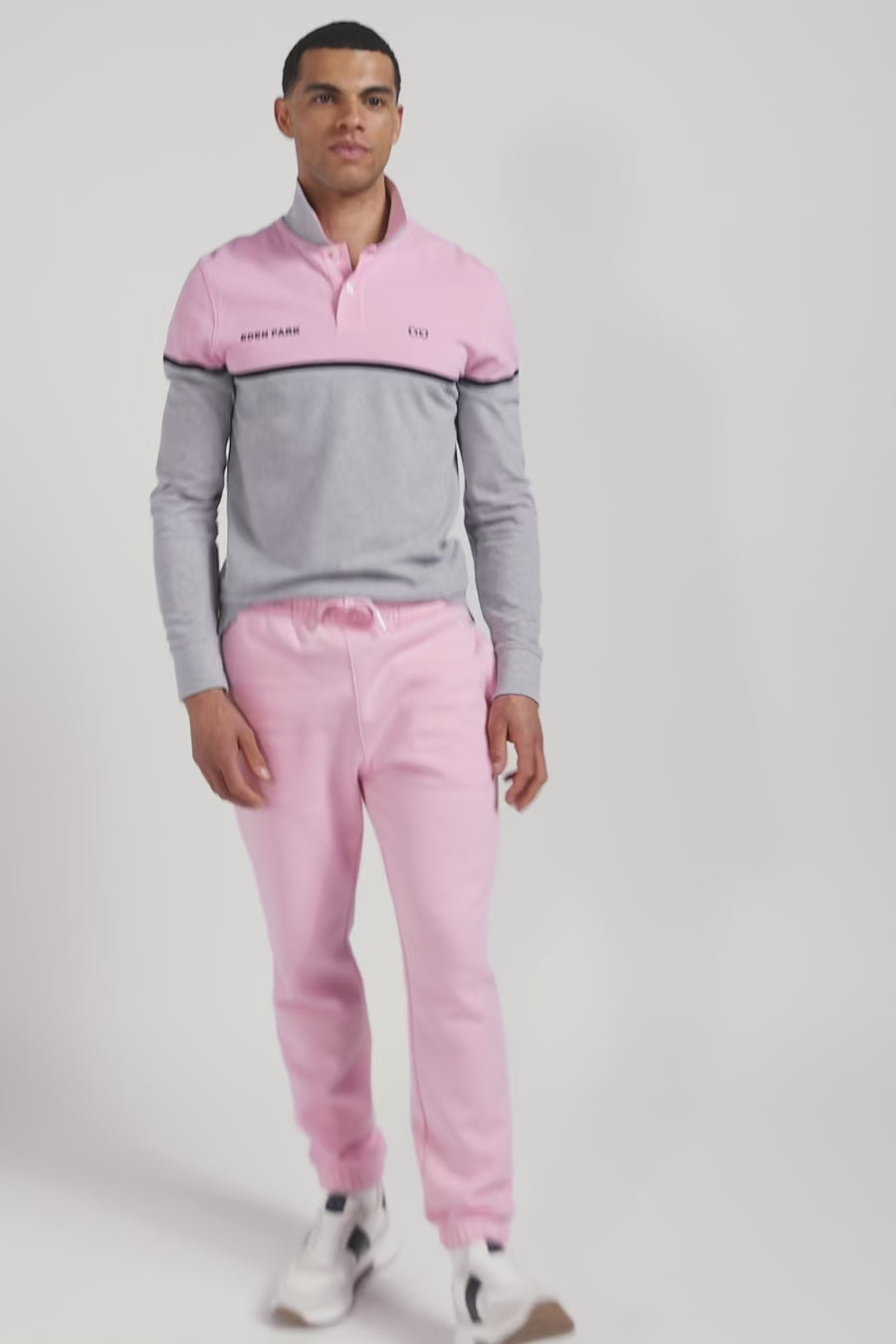 Regular pink bicolor long-sleeved cotton piqué polo shirt