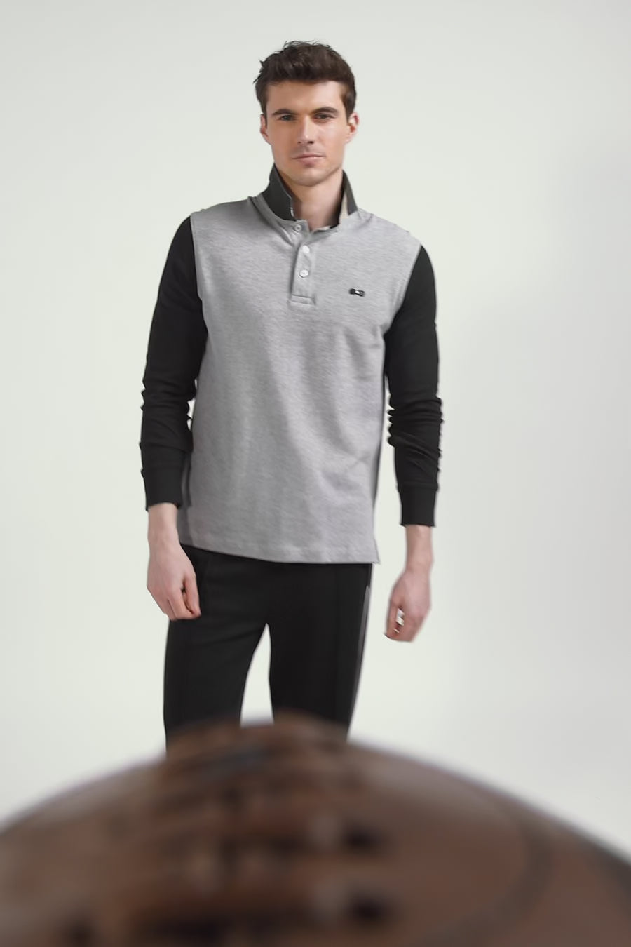 Regular black bicolor long-sleeved cotton piqué polo shirt with jacquard collar