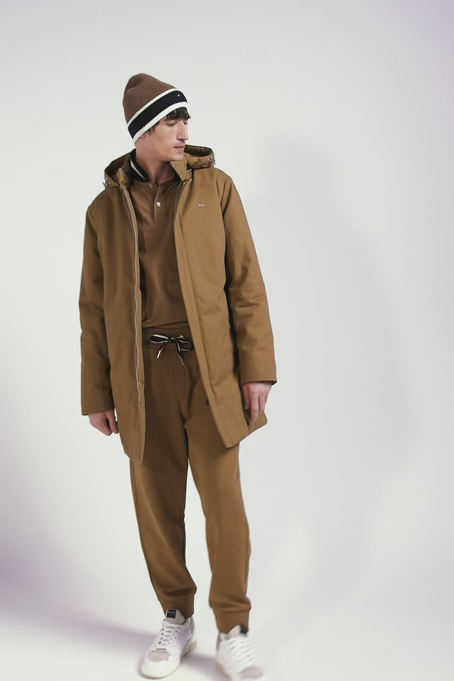 Camel gabardine cotton hooded parka