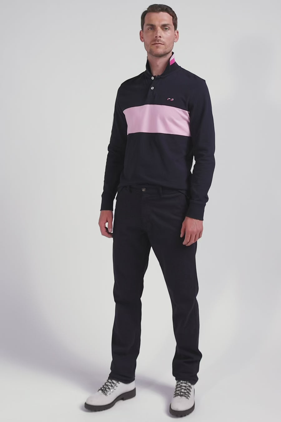 Regular pink long-sleeved cotton piqué polo shirt with sleeve embroidery