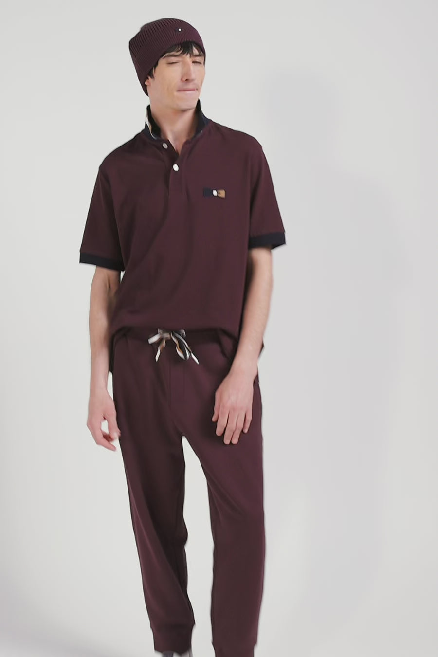 Polo manches courtes en piqué coton bordeaux détails tricolores coupe Oversized