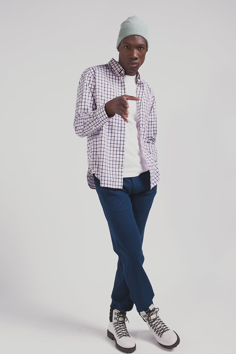 Regular pink and white checked cotton poplin shirt