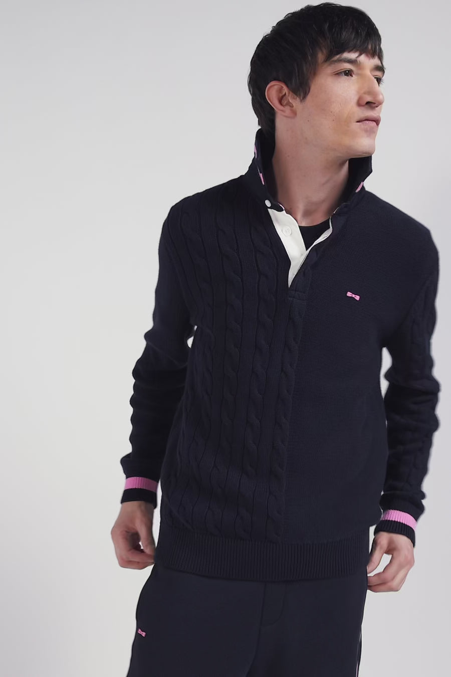 Regular navy blue cotton jumper with rugby shirt collar