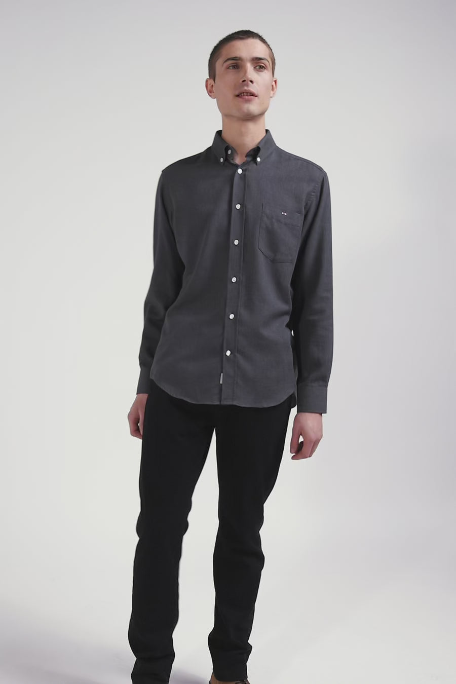 Regular anthracite grey cotton and cashmere twill shirt