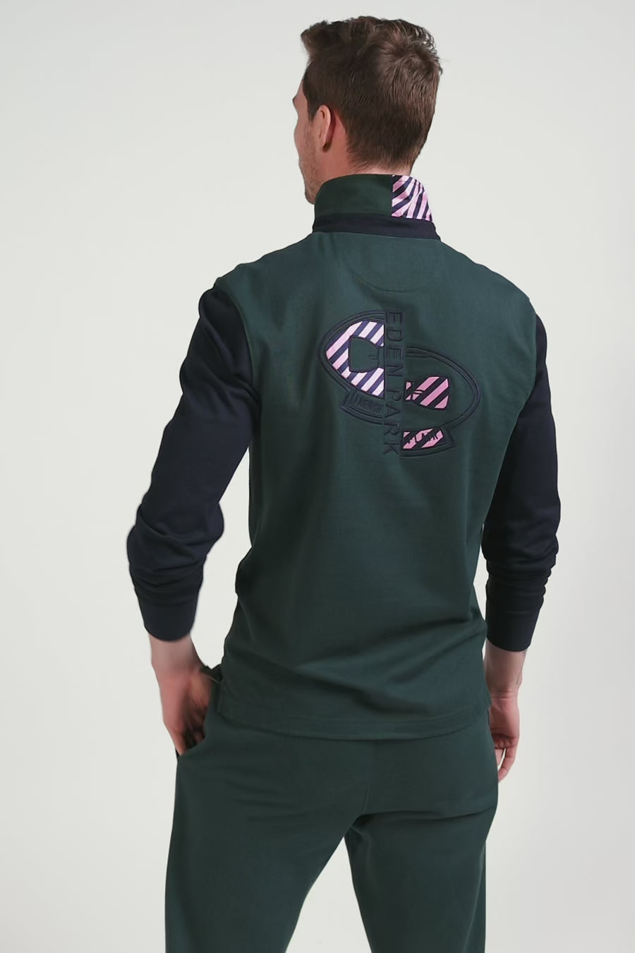 Regular green striped long-sleeved cotton rugby shirt with tie fabric patchwork