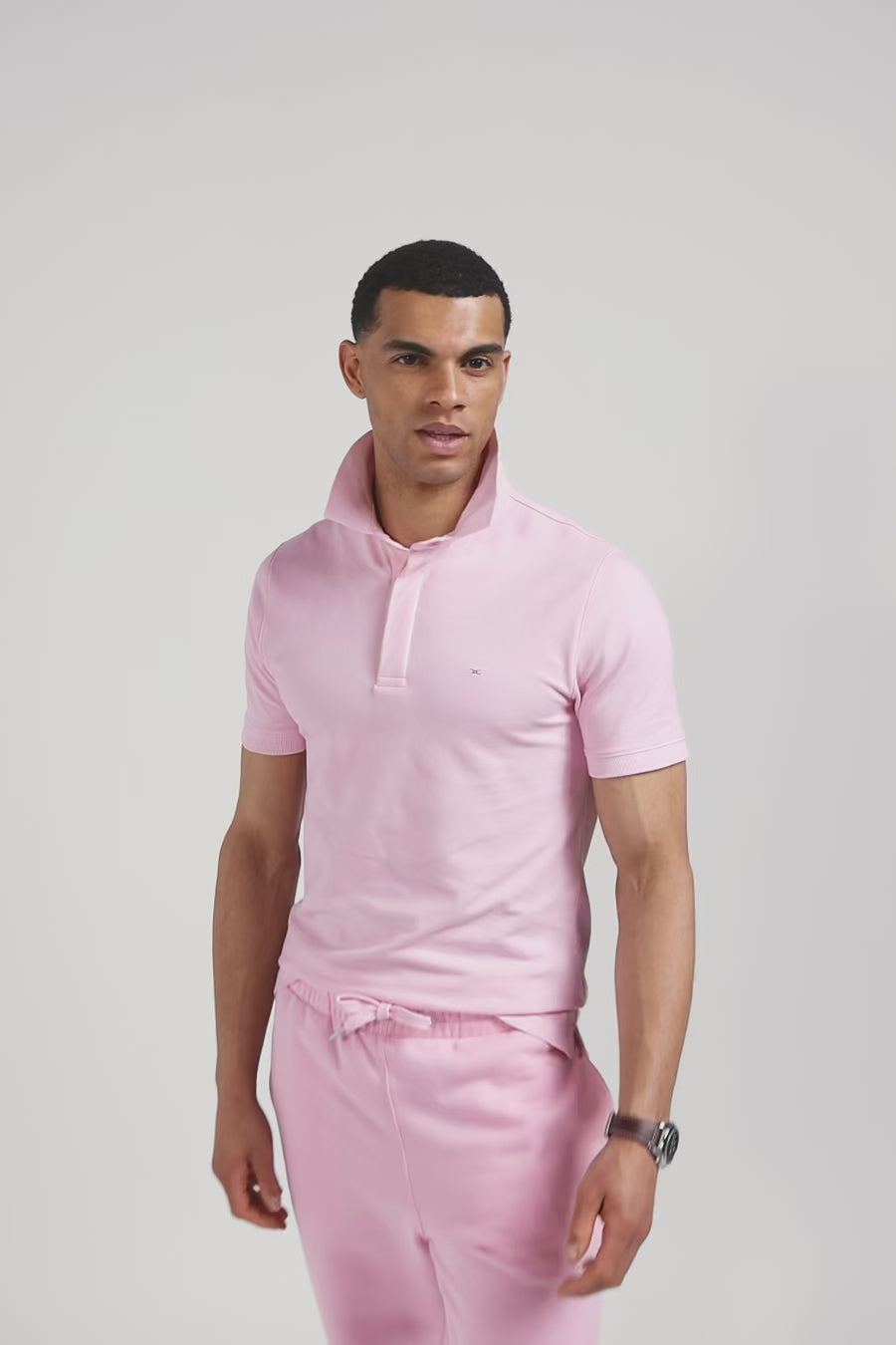 Slim pink short-sleeved stretch cotton polo shirt