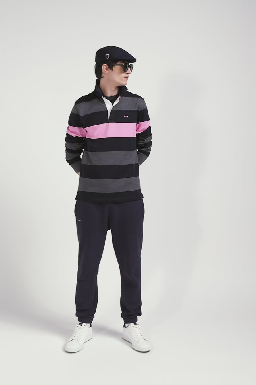 Regular grey long-sleeved striped cotton rugby shirt