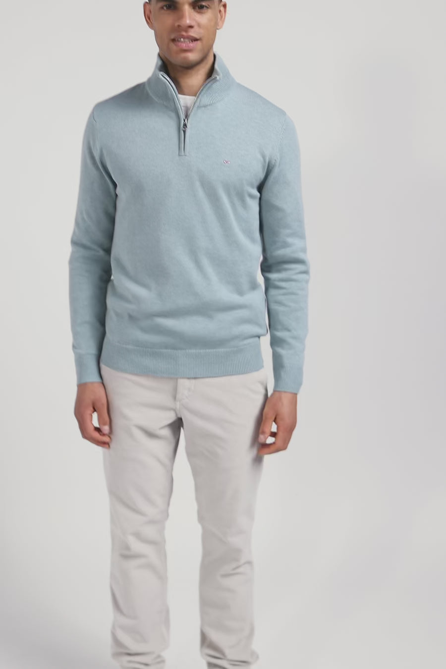 Regular green semi-zipped wool and cotton jumper