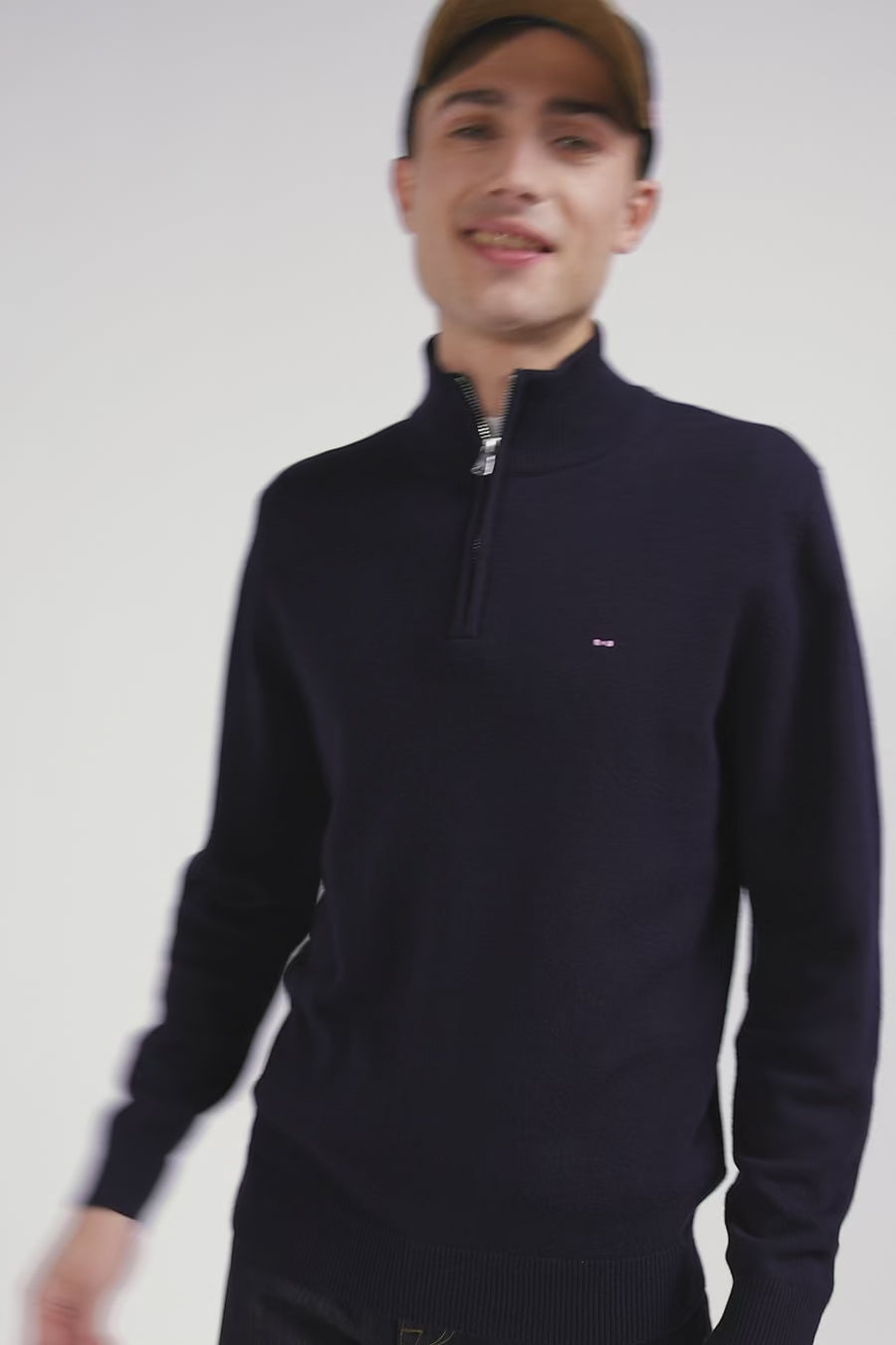 Regular navy blue semi-zipped wool and cotton jumper