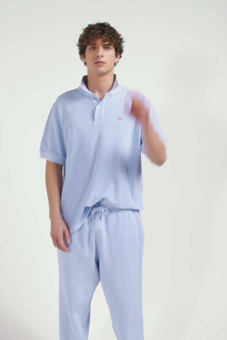 Oversized sky blue unisex short-sleeved cotton piqué polo shirt