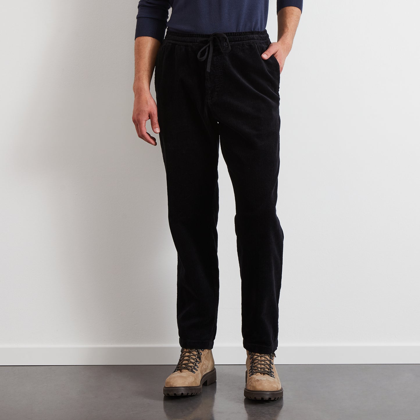 Black corduroy chinos with elasticated waist