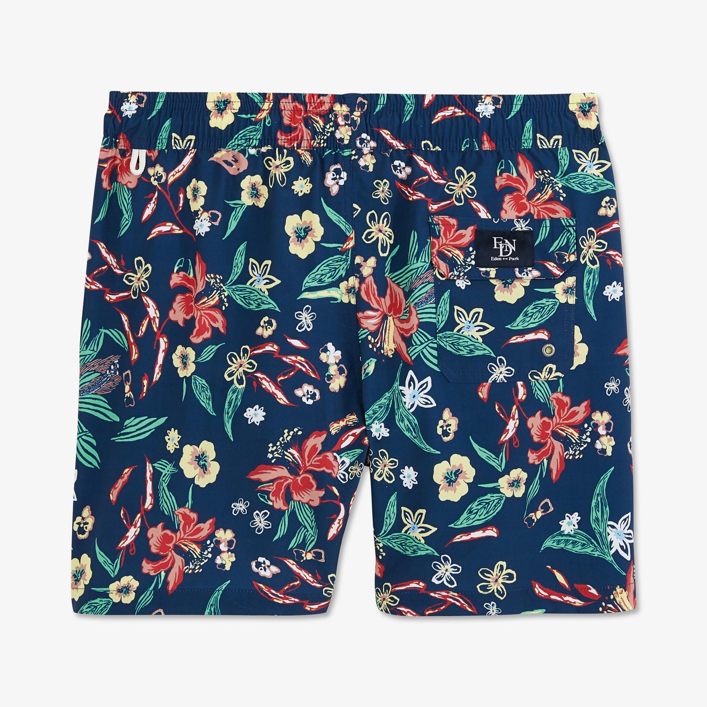 Navy blue swim shorts with floral pattern