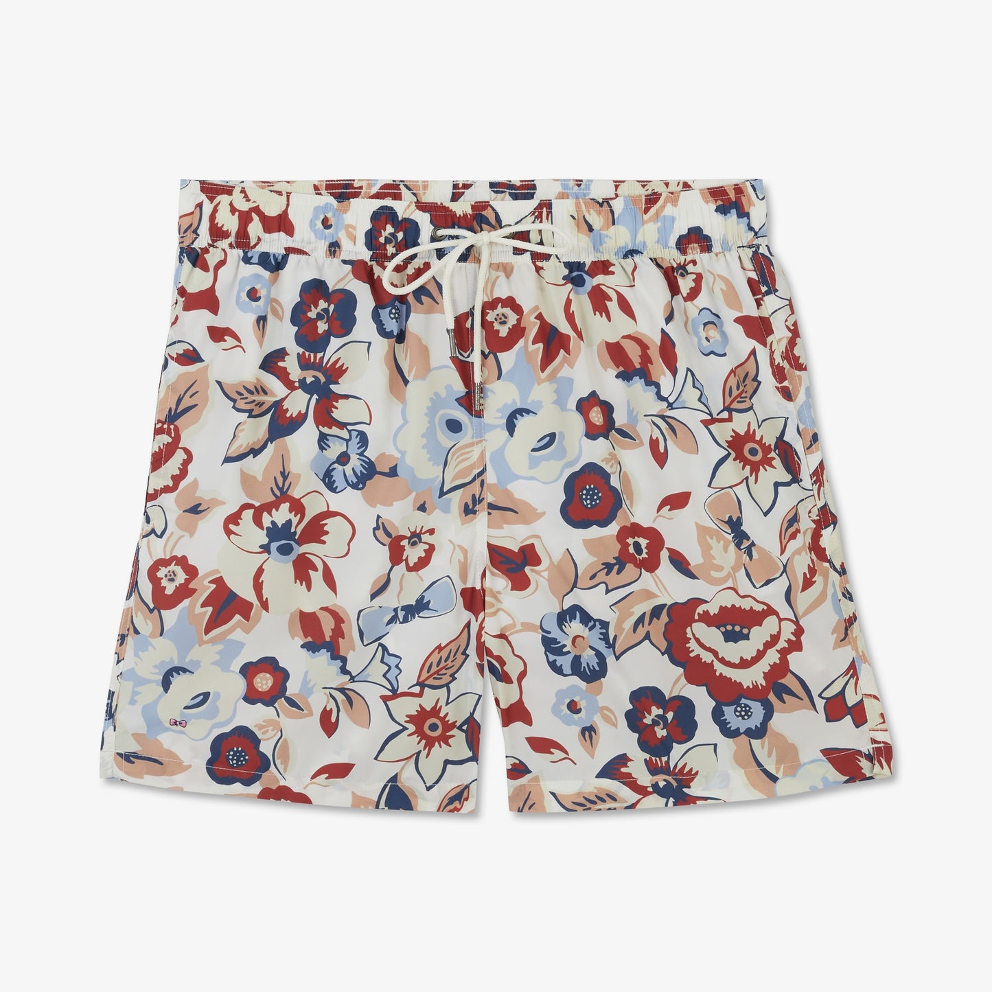 White swim shorts with exclusive floral print