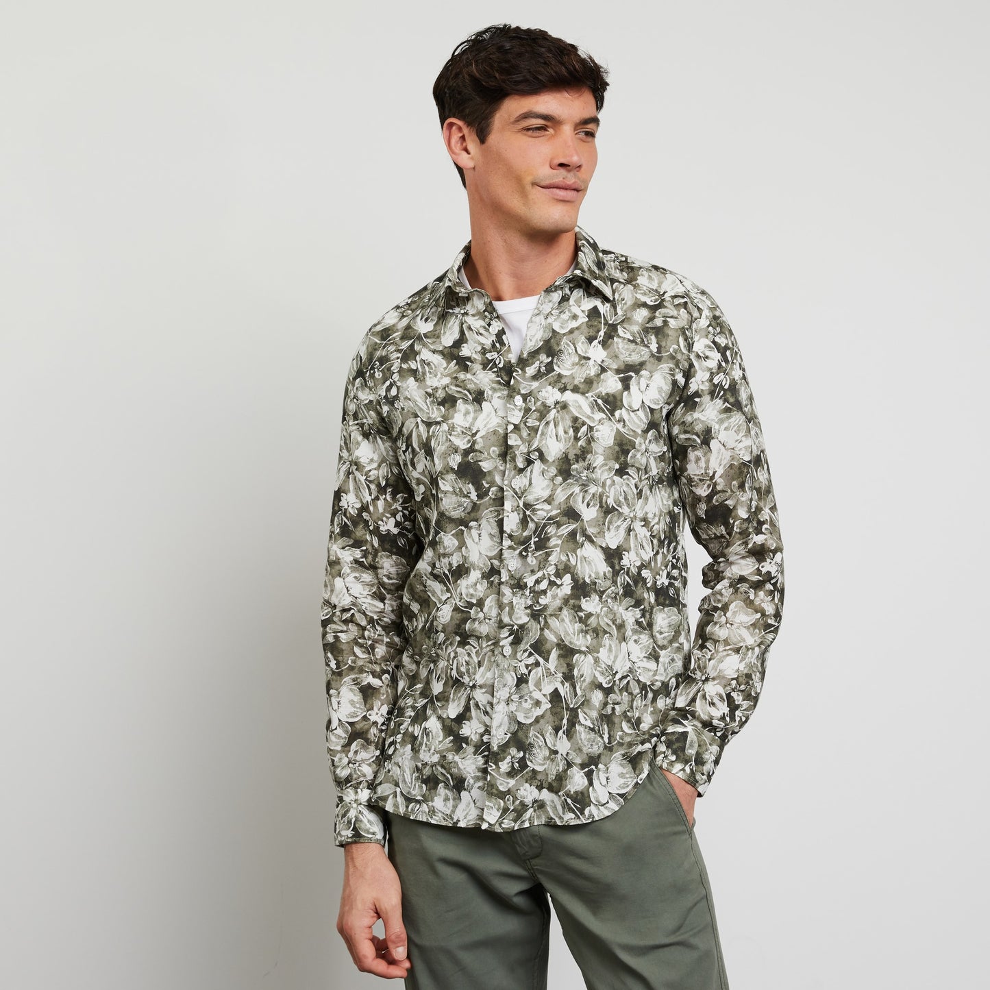 Khaki linen shirt with a floral print