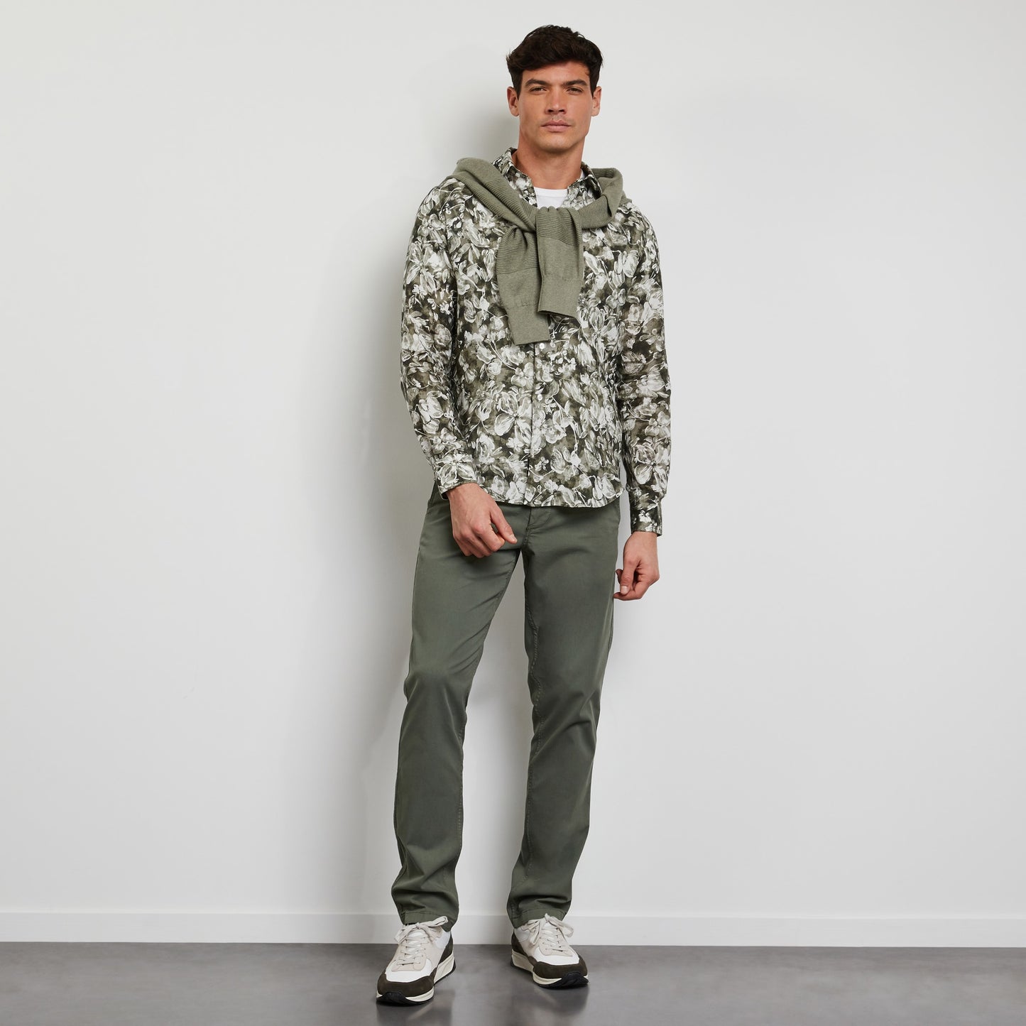 Khaki linen shirt with a floral print