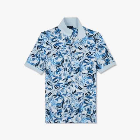 Light blue polo in cotton pique with floral print - Image 2