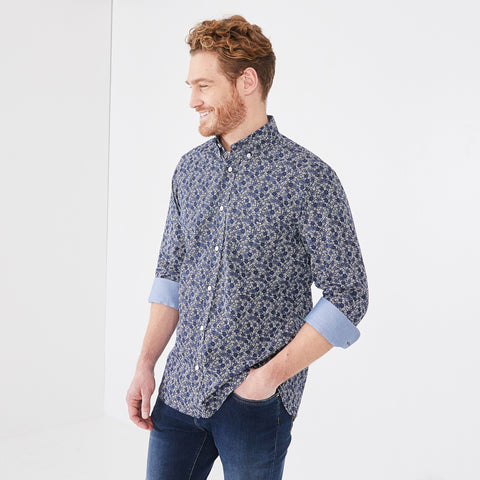 Navy blue shirt in floral cotton poplin - Image 1
