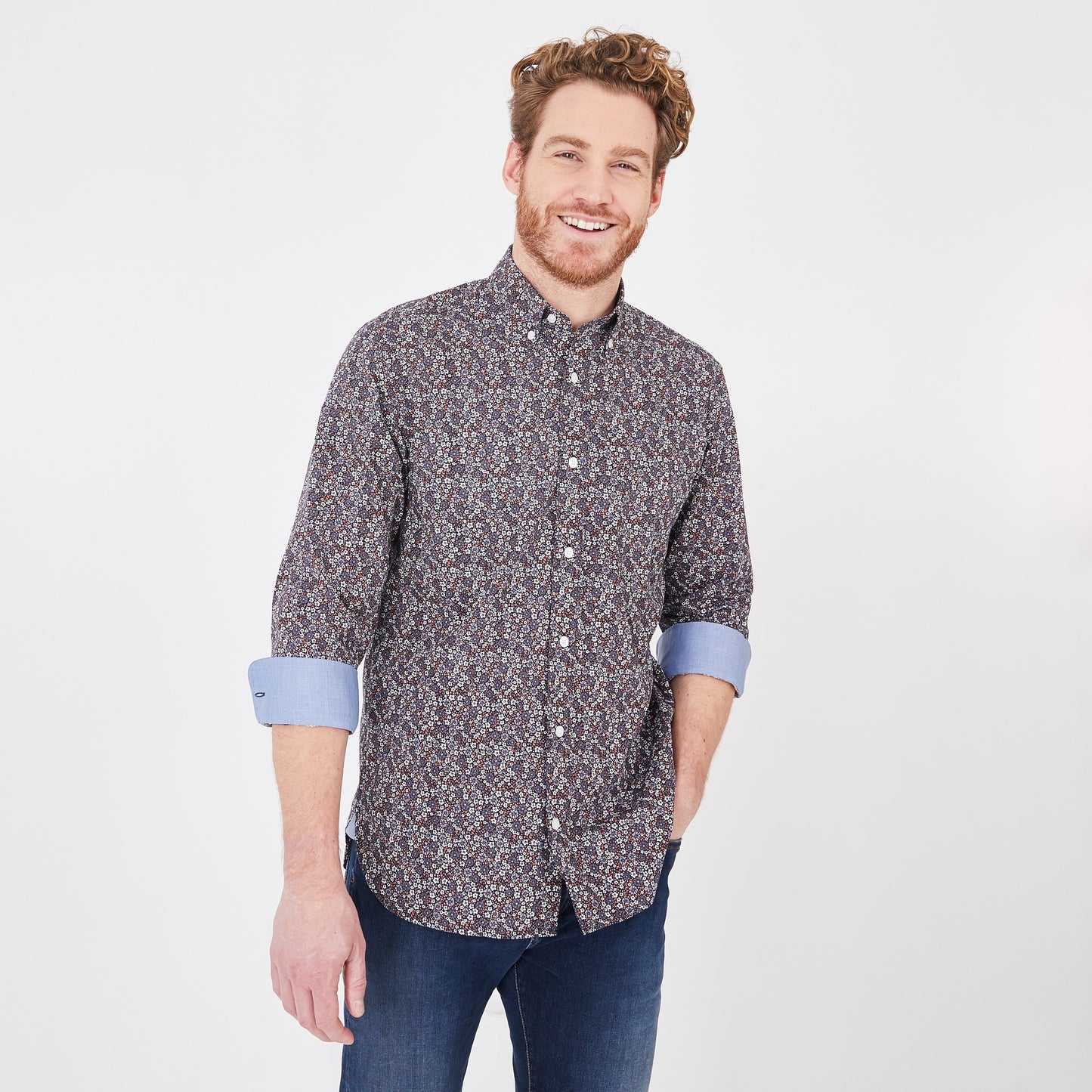 Brown shirt in floral cotton poplin