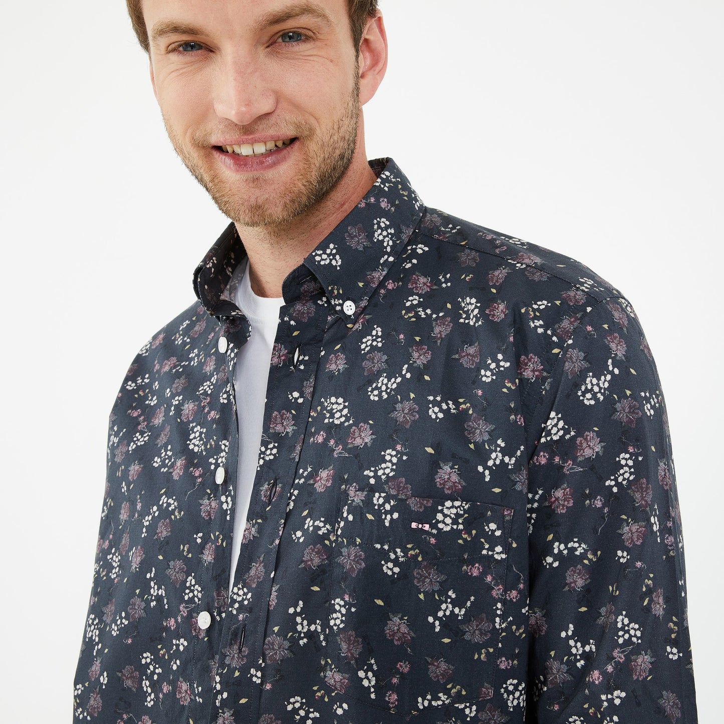 Navy blue shirt in premium cotton with floral pattern