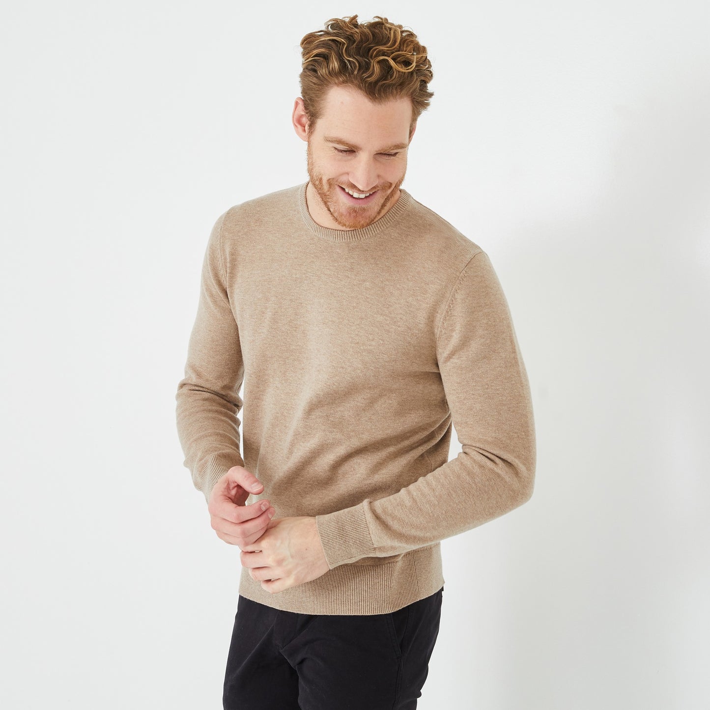 Round-neck beige wool blend sweater