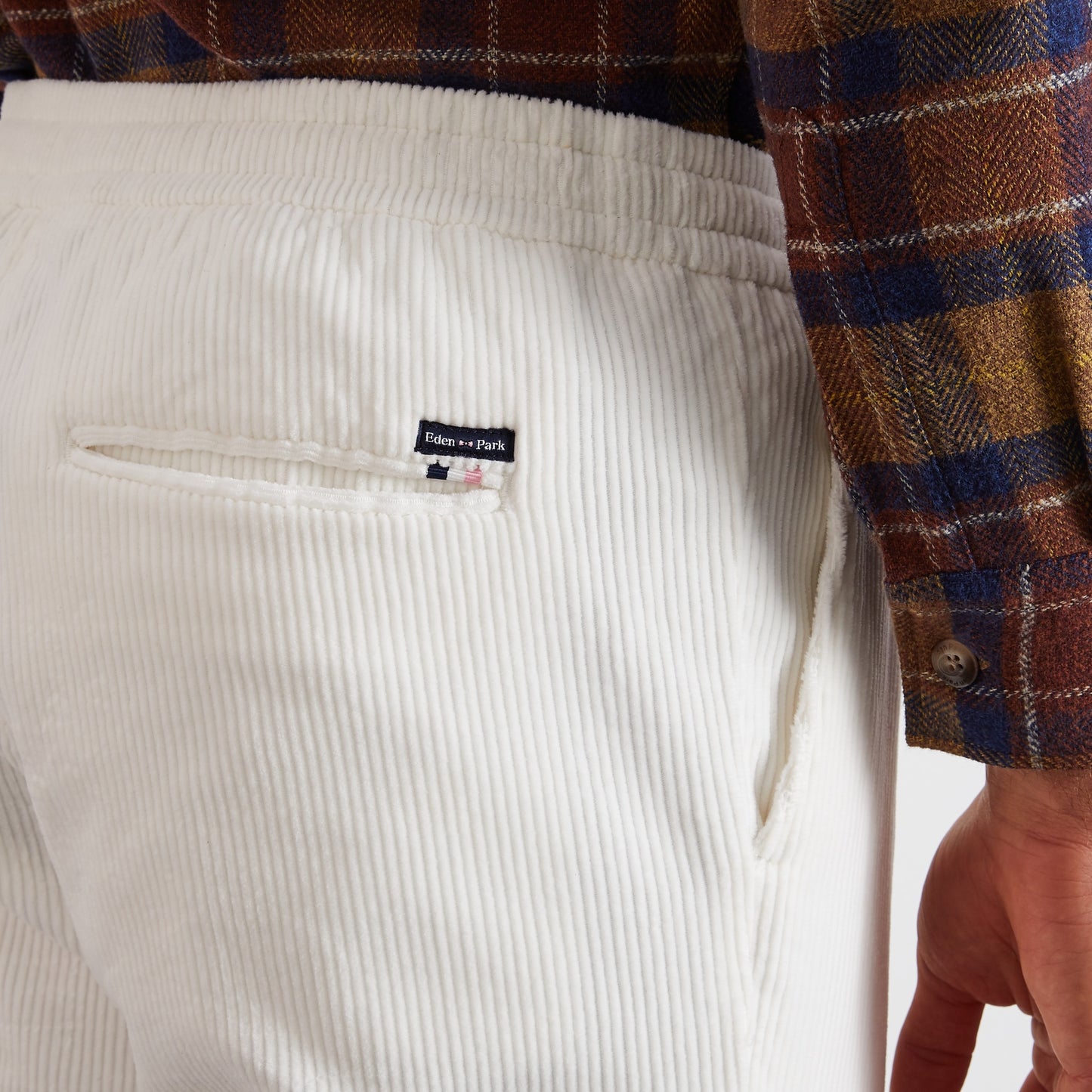 White corduroy chinos with elasticated waist