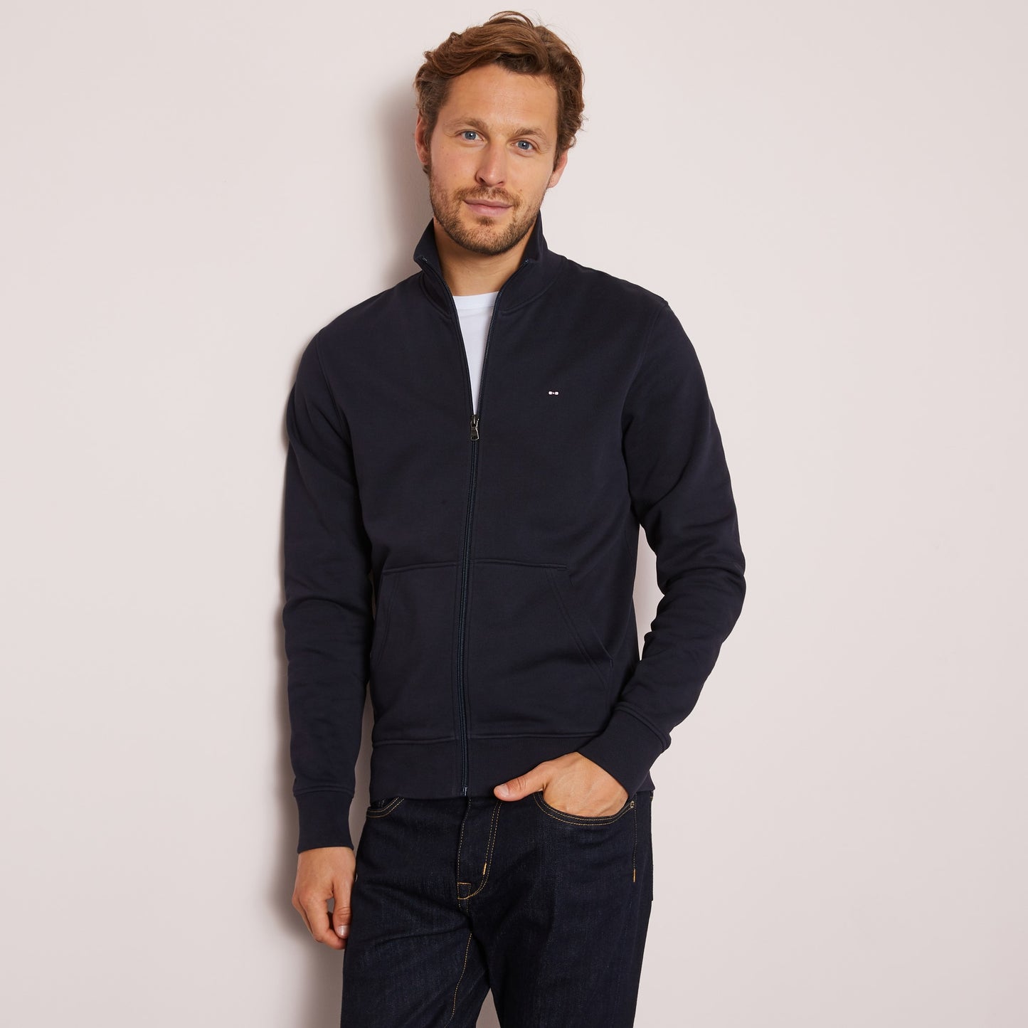 Navy blue zip sweatshirt with stand-up collar