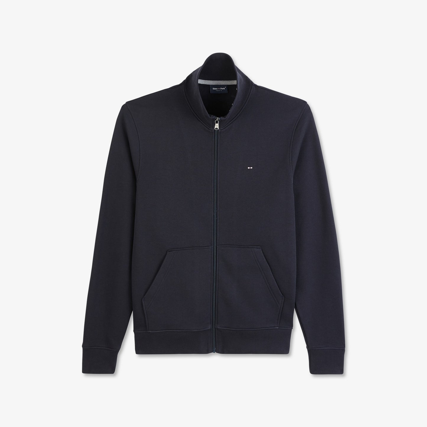 Navy blue zip sweatshirt with stand-up collar