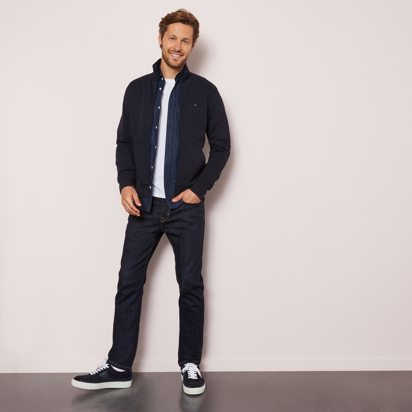Navy blue zip sweatshirt with stand-up collar