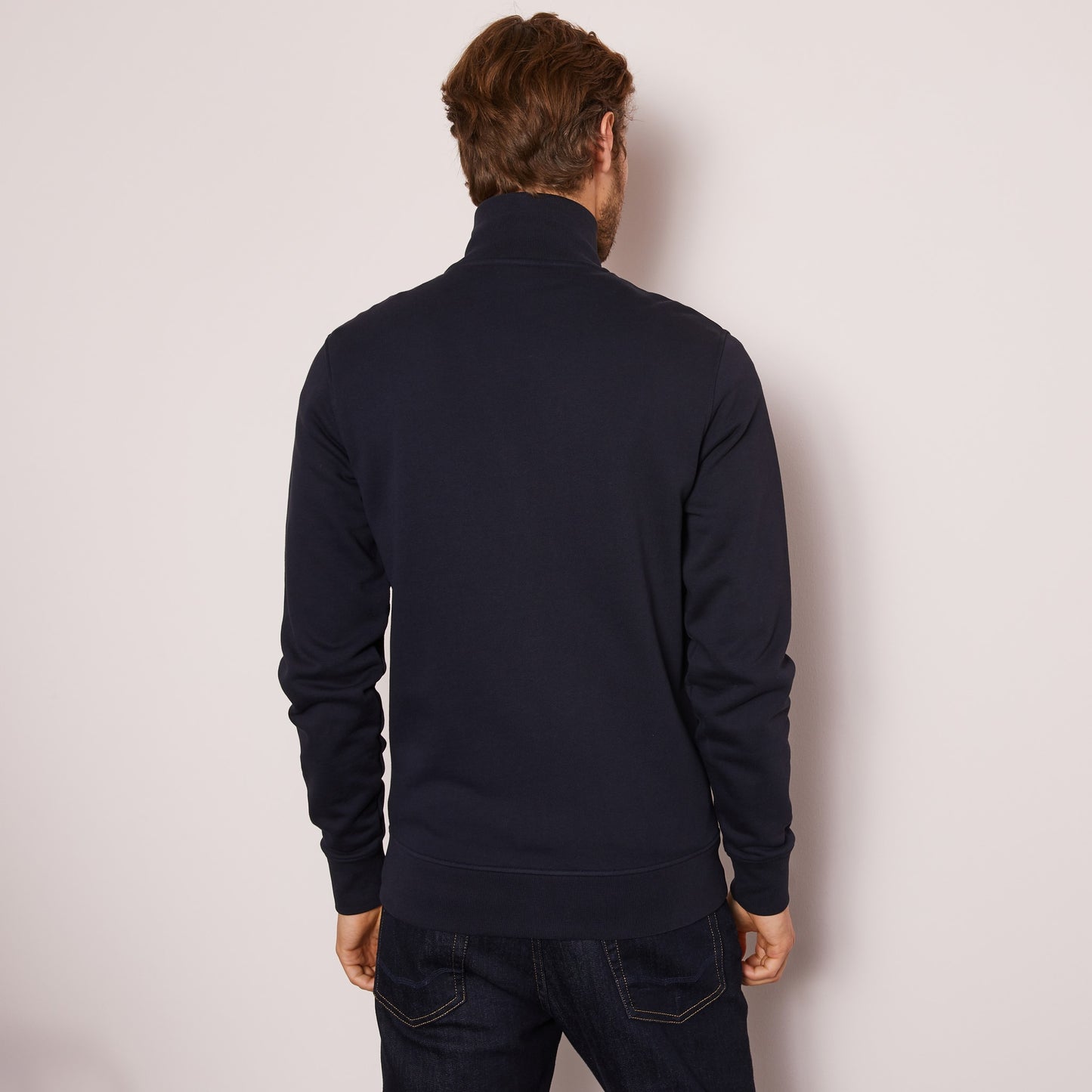 Navy blue zip sweatshirt with stand-up collar
