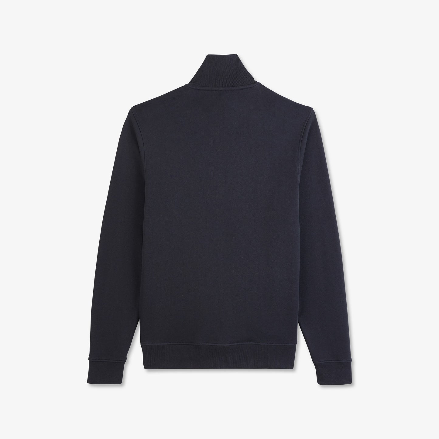 Navy blue zip sweatshirt with stand-up collar