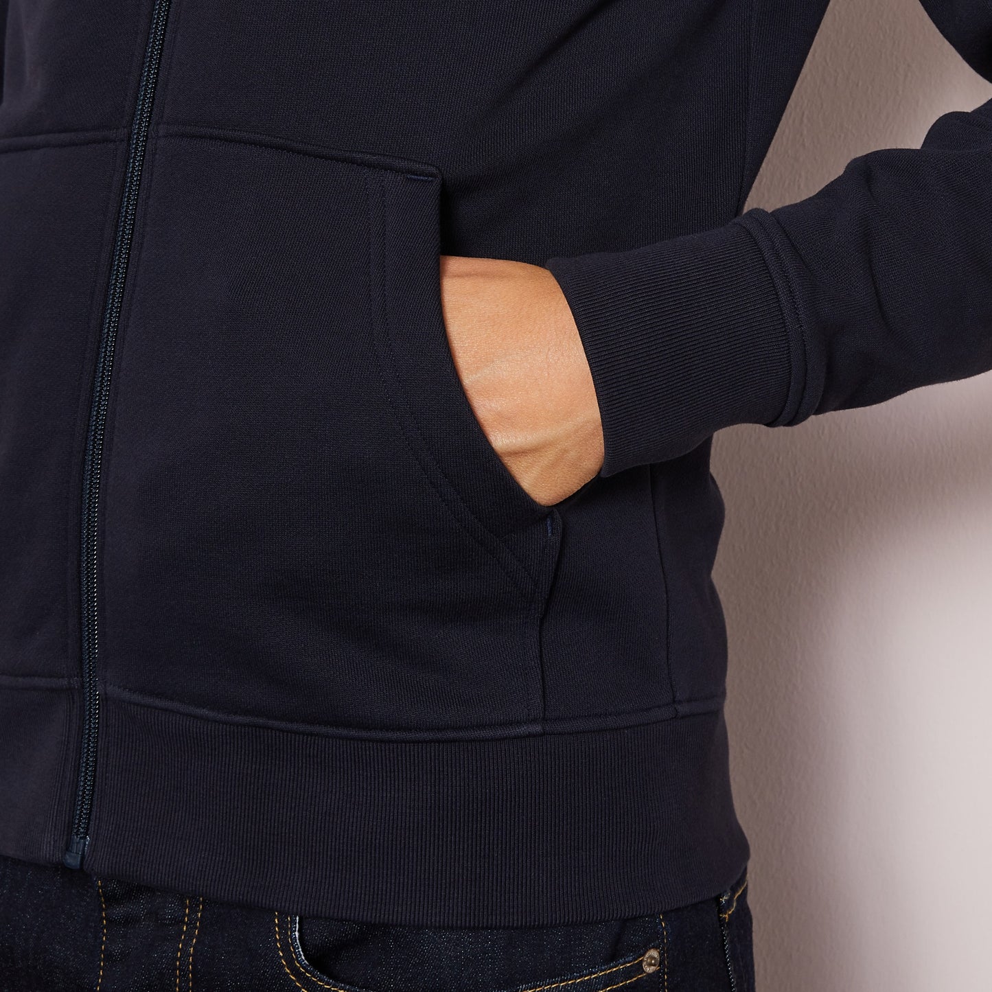 Navy blue zip sweatshirt with stand-up collar